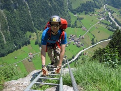 Me on the first section of ladders on the Murren-Gimmelwald Via Ferrata.