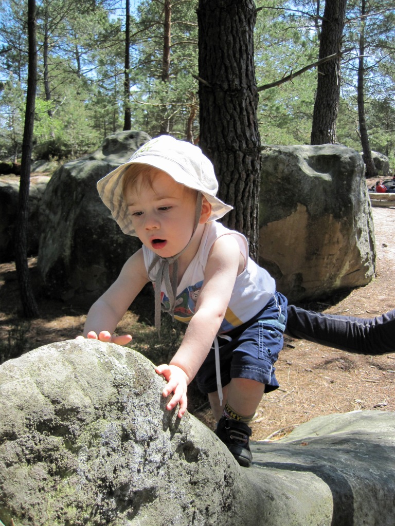 Leo climbing a boulder at Rocher des Potets, Fontainebleau.