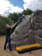 Leo climbing The Trunk Route on the Dumbo the Elephant boulder at Fairlop Waters Boulder Park. Copyright: Valerie Van den Hende